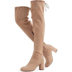 Women's Sand Suede Inner Zipper Thigh High Over The Knee High Square Heel Boots